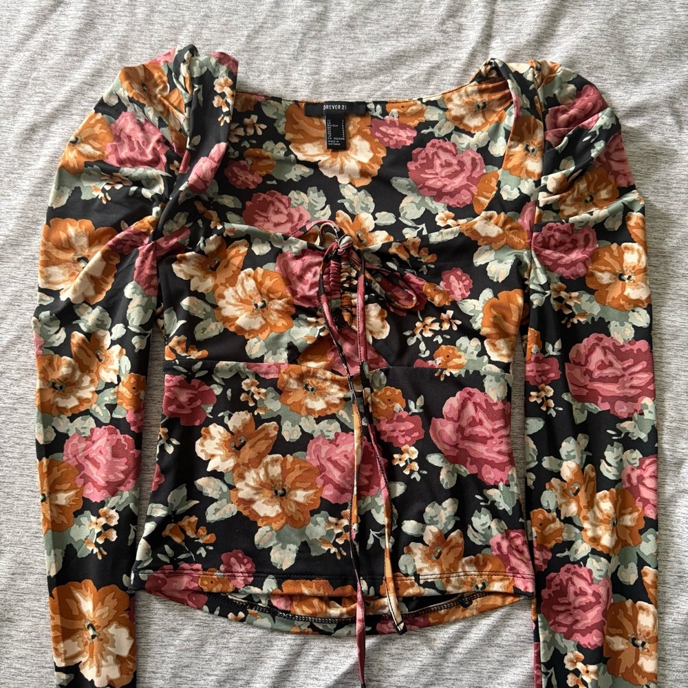 Forever 21 Black and Pink Ruched Tie Front Blouse